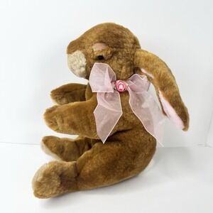 Commonwealth 2007 Brown Bunny Plush 10" Stuffed Animal Pink Inner Ears Bow Rose